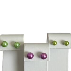 Round Pearlized Purple and Green Stud Post Earrings Set of 3